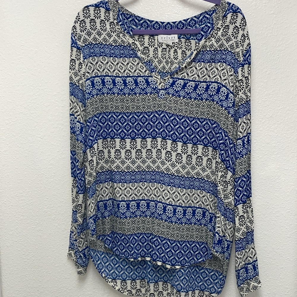 Velvet Graham Spencer BOHO XL Long Sleeve Loose Fitting Top Blue Pattern Shirt